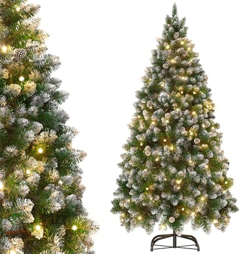 Aufun Konstgjord julgran, plastgran med varmvit LED-belysning, inkl. metallfot, PVC-julgran, återanvändbar juldekoration (snöeffekt + tallkottar + LED, 240 cm)