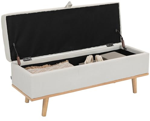 HOMCOM Pouf Contenitore da 80L Imbottito con Rivestimento in Tessuto, Panca Contenitore Poggiapiedi con Gambe in Legno, per Soggiorno, Camera da Letto e Ingresso, 118x42x45 cm, Crema