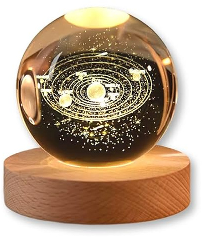 TENET Sfera di Cristallo 3D con Base in Legno, Lampada LED da Notte, Decorativa Illuminazione d'Atmosfera (SISTEMA SOLARE)