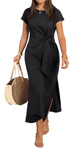 ANRABESS Womens Summer Maxi Dress Casual Crew Neck Tie Waist Split Wrinkle-Free Fit Long Fashion Vacation Dresses 2026 Spring Black X-Large