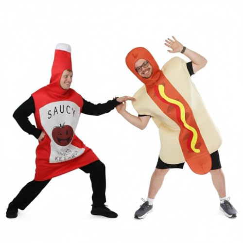 Conjunto de disfraz de ketchup y perrito caliente – Divertido disfraz de ciervo, dúo y parejas para adultos – Divertido disfraz de comida para fiestas, festivales y Halloween