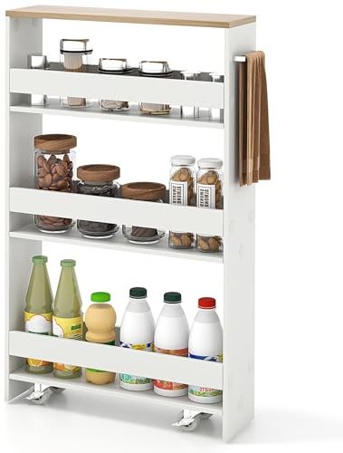 KOMFOTTEU Nischvagn 4 våningar, förvaringsvagn köksvagn med hjul, nischhylla med handtag, köksskåp och rullhylla platsbesparande för kök, badrum, kontor (vit och naturlig – 13 cm)