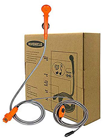 HiVehicle Ducha Portátil Exterior Camping Ducha Coche Set de Ducha, 12V Unidad de Bombeado y Filtrado al Cargador de Mechero Adaptador para Limpieza de Coche, Ducha de bebé, Escalada, Perro, Flores