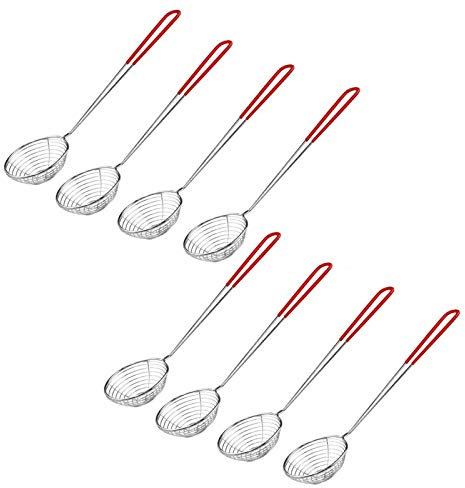 8 Stück Kescher für Fondue Fondue Sieb Edelstahl Küchensieb mit Griffen Feinmaschig Küchensieb Edelstahlspinne Siebkelle Küchensieb Die Praktischen für Garen von Gemüse Pilzen Fleisch Fisch (Rot)
