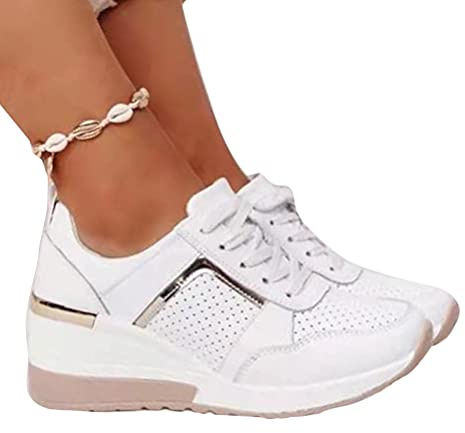 ORANDESIGNE Zapatillas con Cordones Mujer Casual Tacón de Cuña Zapatos Deportivas Caminar Transpirable Deporte Zapatos de Correr Running Sneakers Ligeras Zapato
