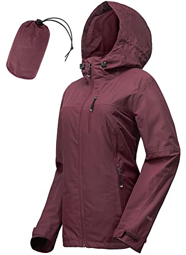 33,000ft Women's Lightweight Waterproof Jacket Packable Hooded Rain Jacket Breathable Windbreaker Softshell Raincoat for Outdoor Running Walking Hiking (Wine Red-S/UK 10)