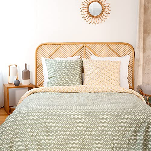 CÔTE DECO Parure de lit Satin de Coton Bio* Vert 240x220 cm Orient - 1 Housse de Couette imprimé et 2 Taies d'oreiller