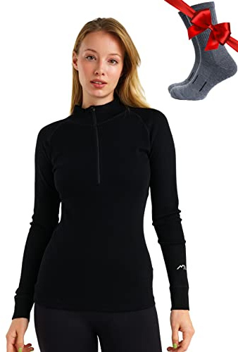 Merino Wool Base Layer Women - 100% Merino Half Zip Sweater Women Lite, Midweight, Heavyweight Thermal Shirts and Socks (Medium, 250 Black)