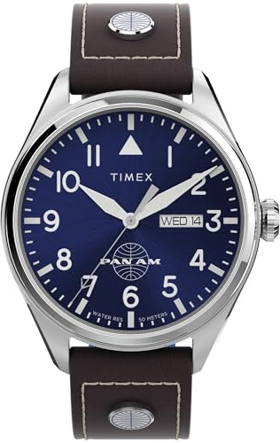 Timex Men's X Pan Am Day-Date 42mm Watch - Brown Strap Blue Dial Stainless Steel Case