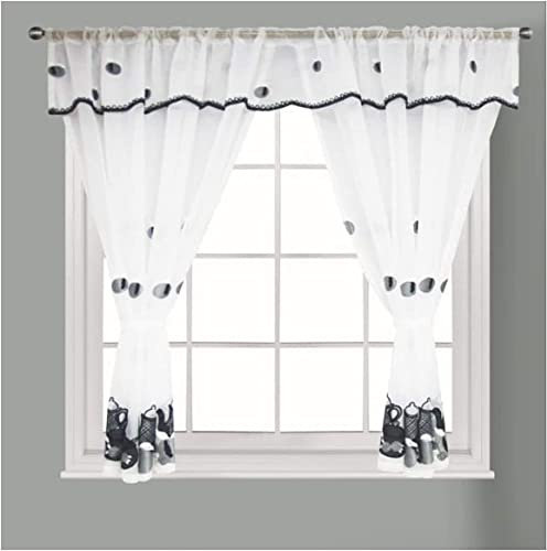 Householdfurnishing Embroidered Kitchen Window Pair Curtains Set Rod Pocket with Attached Valance & Tiebacks (Black White, W 48 x L 36 Inch)