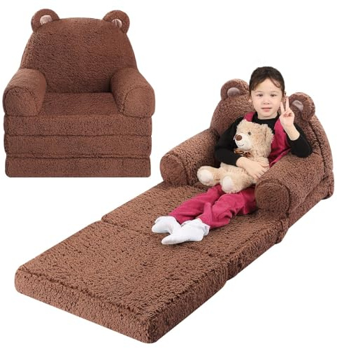 MOMCAYWEX Kids Sofa, Sherpa Couch with Tri-Layer Foam Cushions, Comfy Seating for Kids Age 3–6 Years, Brown