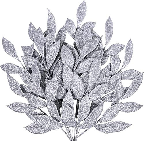 VEYLIN 12 foglie artificiali di Natale, foglie glitterate argentate per decorazioni natalizie