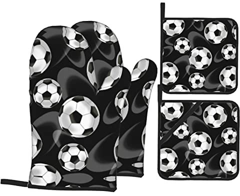 Calcio Nero Stampa Impermeabile Guanti Antiscivolo 4 Pz Set Per Cottura Cottura Bbq Guanti Da Forno Resistenza Al Calore