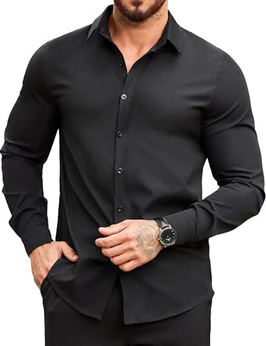 COOFANDY Camisa de Manga Larga con Botones para Hombre, Camisas Informales sin Plancha, Camisas Lisas de Corte Entallado