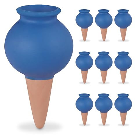 Relaxdays Sfere da Irrigazione a Goccia, Set da 10, Coni per Annaffiatura Automatica per Piante in Vaso, Terracotta Blu, Ceramica
