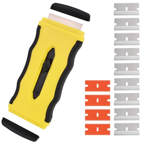 Ayxnzjsjm Ceranfeldschaber mit 13 Schaberklingen Schaber Ceranfeld Kratzer Glasschaber Kochfeldschaber Zeranfeldkratzer für Küche und Haushalt, Doppelende (Gelb)