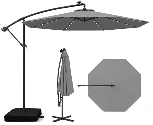 COSTWAY Parasol Déporté 3x3M, Parasol de Jardin Extérieur 40 LED Solaire avec 2 Sacs de Sable, Protection UV, Socle en Croix, Inclinable, Manivelle, pour Balcon, Jardin, Terrasse, Plage (Gris)