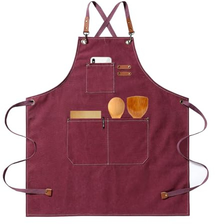 HIUOUIH Förkläde Kök BBQ Förkläde Justerbar Herr Arbetsförkläde Kvinnor med 3 Fickor Canvas Förkläden Kock för Restaurang Bar Restaurang Målning, Röd, 75 x 68cm