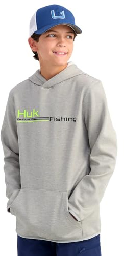 HUK Coldfront+ Graphic, Performance Fishing Hoodie For Kids Hoodie, Harbor Mist Heather 2.0, L Unisex Children