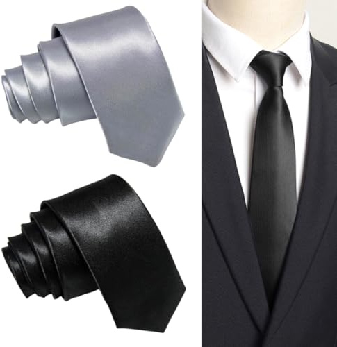 Cravatta da Uomo Tinta Unita Cravatta Stretta, 2 pezzi Cravatta Donna Sciarpa sottile Cravatta lunga JK Cravatta uniforme Cravatta sottile Tinta unita Tinta unita Cravatta, nero, argento 5cmx145 cm