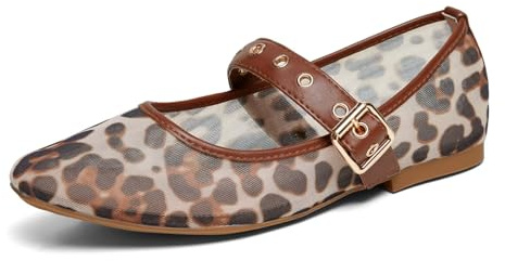 hingswink Mary Jane Shoes Women Square Toe Ballet Flats,MeshLeopard9