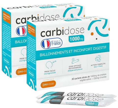 Carbidose Charbon Actif Hautement Dosé – 1 Sachet = 1000mg + 250mg d’Inuline – Action Ciblée Brevetée – Complément Alimentaire Ballonnements Naturel (Lot de 2)