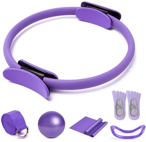 Pilates Equipment Ball Ring Set: 6Pcs Home Pilates Kit for Women | 14-Inch Ring with Dual Padded Handles, Pilate Mini Ball, Elastic band, Pump & Grip Socks - Ideal Xmas Gift