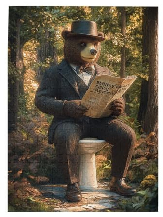 BEAROWL Gentleman Bear in Pinstripe Suit Jigsaw Puzzle, 500 Fun Wooden Puzzles, Bowler Hat and Bow Tie, Reading The Newspaper On The Jungle Toilet，Adult Vacation Entertainment Games