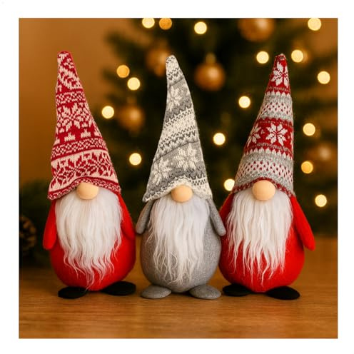 com-four® 3X Duende Navideño 33 cm - Troll Escandinavo Decorativo - Figura Invernal - Adorno de Mesa - Gnomo Sueco con Barba & Gorro de Punto - Decoración de Navidad (3X - Grau/weiß/Rot - 33cm)