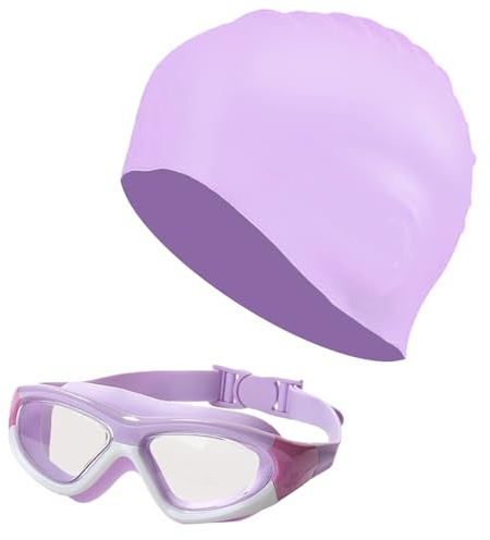 MUNSKT Juego de gafas de natación para niños (6-16 años) – Gafas de natación antivaho con protección UV, gorro de natación, amplia visión sin fugas, para niños y niñas (morado-blanco)