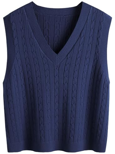 SUNSESS Women's Cable Knit Sleeveless Jumper V Neck Pullover Sweater Vest Chunky Ribbed Gilet for Layering, Office & Casual Preppy Style (UK, Alpha, M, Regular, Regular, Standard, Navy Blue)