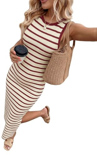 Chicrise Robe d'été pour femme - Rayée - Robe moulante sans manches - Longue - Élégante - Col rond - Robe de plage - Légère fente
