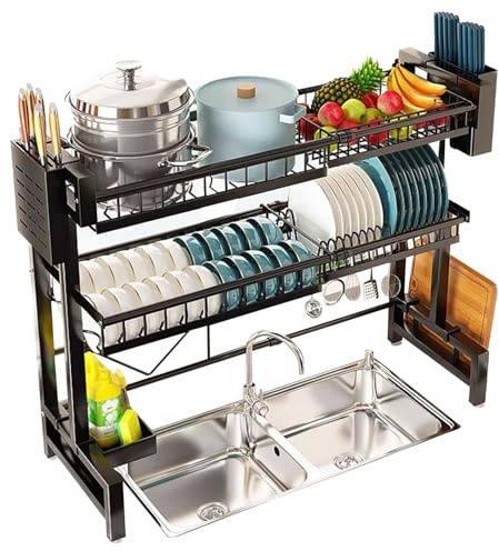 Escurreplatos expandible de 3 niveles con cesta colgante para platos y cubiertos, escurridor ajustable (24.4 a 15.5 pulgadas), ahorra espacio, esencial para la cocina