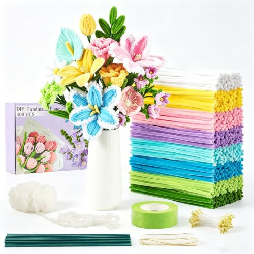 400 Pcs Pipe Cleaners Craft, 8 Assorted Colors Pipe Cleaners Bulk | Chenille Stems for DIY Flower Making Kit with Floral Wires, Gardening Tape,Stamen& Ribbon (Colorful)