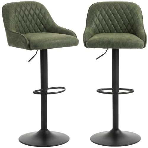 HOMCOM Breakfast Bar Stools, Wide Padded Seat, Set of 2, Dark Green | PU Leather Adjustable Swivel Chairs, Modern Barstools, Footrest, for Kitchen Island Counter, Home Bar