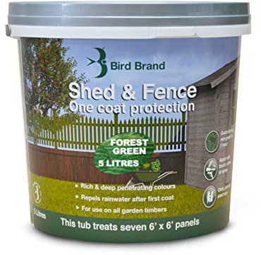 Bird Brand, Shed & Fence 1 Coat Protection - Garden Paint for Wood - Shed and Fence Paint - Forest Green Colour, 5-Litre Bucket