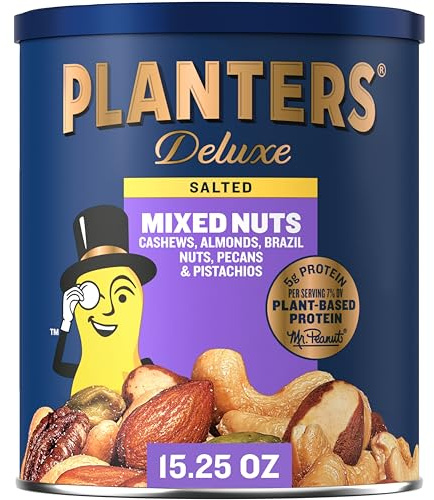 PLANTERS Deluxe Mixed Nuts - Roasted Cashews, Almonds, Brazil Nuts, Pistachios, and Pecans, Plant-Based Protein, Quick Snack, 15.25oz Canister