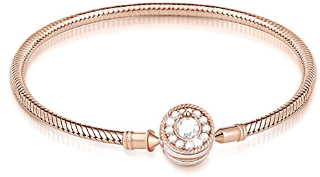 GNOCE Charm Bracelet Sterling Silver 18k Rose Gold Plated DIY Snake Chain Love At First Sight Basic Charm Bracelet With Gnoce Logo Bangle with Clasp (Rose Gold, 17)