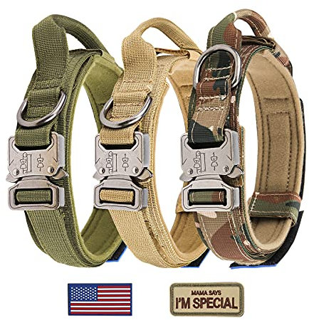 Taktisches Hundehalsband, KCUCOP Militär-Hundehalsband mit 2 Flicken, 3,8 cm breit, mit Griff, K9-Halsband, verstellbar, robuste Metallschnalle, für Hunde, M, L, XL (XL, Tarnmuster mit 2 Flicken)