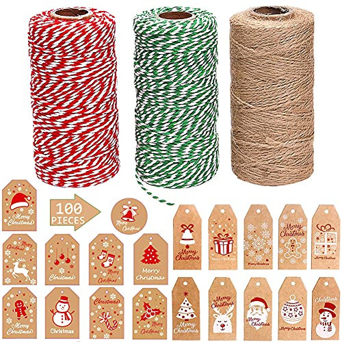 AmazoEU 3 Rolls Christmas Twine String + 100 Pcs Brown Kraft Paper Tags Card, Xmas Present Labels Wrappring Kit, Red and Green Cotton String Natural Jute Twine for DIY Crafts Gift Wrap Decor Pendant