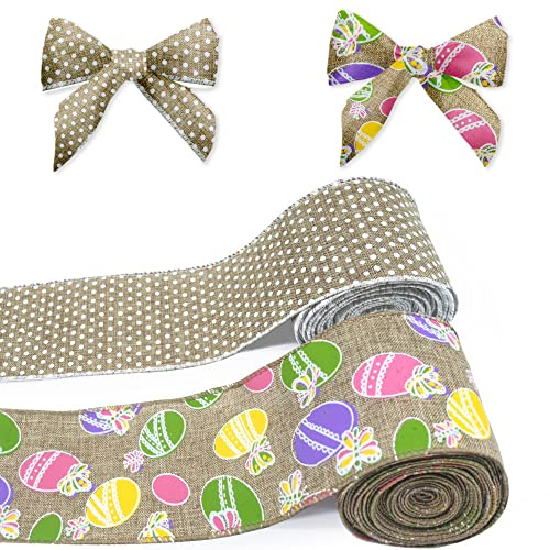 Threetols 2 Rolls 10 Yards Easter Wired Edge Ribbon, 2.5inch Flaxen Natural Dots Burlap Ribbon Bows for Wreath, Colorful Eggs Gift Wrapping Ribbon for Easter Party DIY Craft Wreaths Bow Decoration