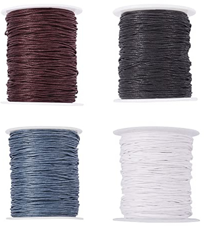 PandaHall 4 Rolls 1mm Braided Cotton Cord Black & White & Gray & Saddle Brown Waxed Cotton Cord String Beading Thread for DIY Craft Jewelry Making, about 100yards/roll