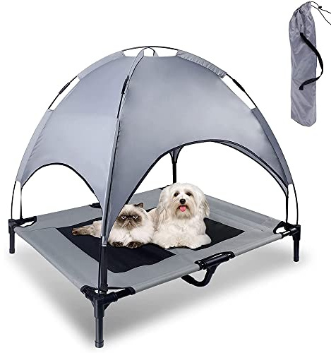 Posh Pooch Outdoor Dog Bed, Elevated Pet Cot with Removable Canopy Shade Tent, Portable, Durable Oxford Fabric, With Carry Bag - Grey (Canopy Dog Bed, Large (L:91cm/W:89cm/H:76cm))