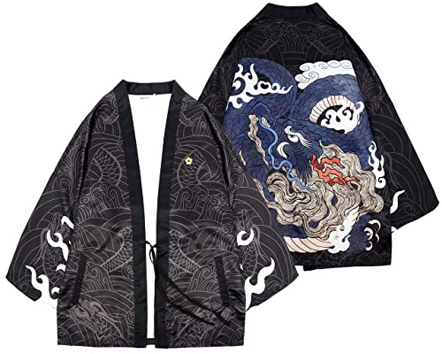CoolChange Veste kimono avec motif dragon japonais | cape traditionnelle japonaise Haori | avec motif asiatique | noir | tailles : S/M, L/XL, Noir , S grande taille extra tall