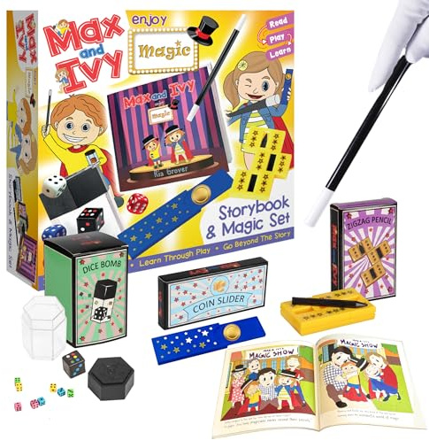 Magic Set for Kids Ages 5 -7 – Beginner Magic Tricks Kit with Wand, Props & Video Tutorials, Storybook – Disappearing Coin, Pencil Slicer & Dice Illusion – Bonus Illustrated Storybook - Max and Ivy