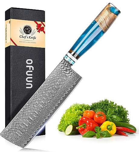 oFuun Coltello da Cucina Nakiri, Coltello da Cucina Damasco 67 Strati, Coltelo da Chef Coltello Giapponese Professionale Manico Ergonomico-Lama da 17 cm per per verdura carne