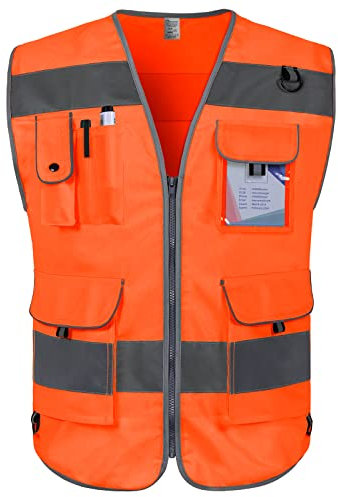 Graunton Gilet de Securite 9 Poches Gilet Orange pour Hommes Femmes, Gilet Haute Visibilité avec bandes réfléchissantes Durable et Respirant .(FR-Orange, M).