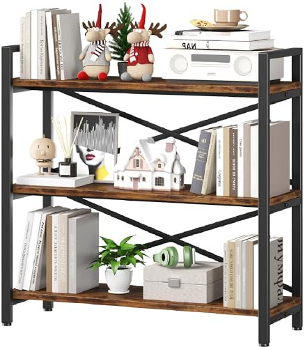 Homeiju 3 Tier Bookshelf 31.49 Width, Wood and Metal Etagere Bookcase, Vintage Farmhouse Modern Wooden Big Book Shelf for Home Living Room Bedroom Office Storage(Rustic Brown)