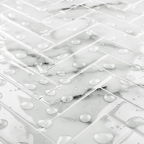 Livelynine Stick on Tiles Kitchen Herringbone 3D Tile Stickers for Bathroom Wall Marble Effect 30x30CM Self Adhesive Wall Tiles Marble Grey White Peel and Stick Tiles Kitchen Splashback, 4 Tiles