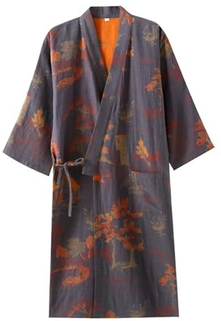 Men Kimono Robe Cotton Yukata Spa Sauna Bathrobe Sleepwear Japanese Kimono Loungewear,Purple,XL